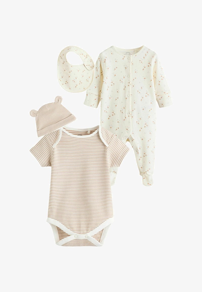 Baby clothing set with beige striped bodysuit, matching hat with ears, cream footed sleeper with small star pattern, and matching bib.