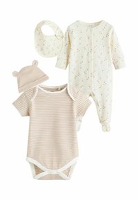 Ensemble de barboteuse comprenant un body à manches courtes rayé beige, un body à manches longues crème à motif floral, un bavoir assorti et un bonnet avec des oreilles d'ours. Matière en coton.