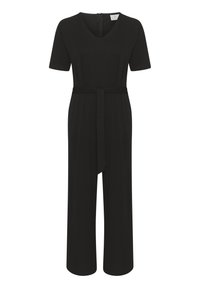 Mono negro de canalé con escote en V, mangas cortas, cinturilla ajustada con lazo y pantalones de pierna ancha, que cuenta con un cierre de cremallera en la parte posterior.
