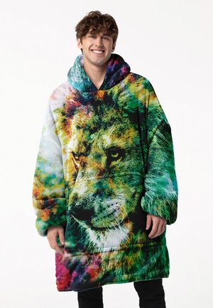 Farbenfrohes, übergroßes Hoodie mit einem Löwendesign, hergestellt aus weichem Stoff mit glatter Textur. Das Hoodie hat eine große Tasche und lebendige Farben.