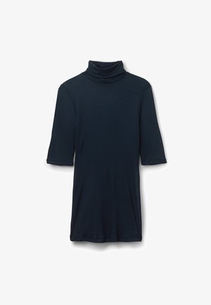 Robes à col roulé côtelé bleu marine foncé avec des manches courtes, présentant un design ajusté et une texture douce. Col ajustable pour un ajustement personnalisé.