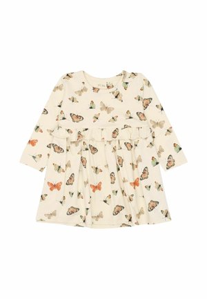 Kremasta haljina za bebe s dugim rukavima, s detaljima volančića i printom leptira u nijansama narančaste, bež i zelene boje.