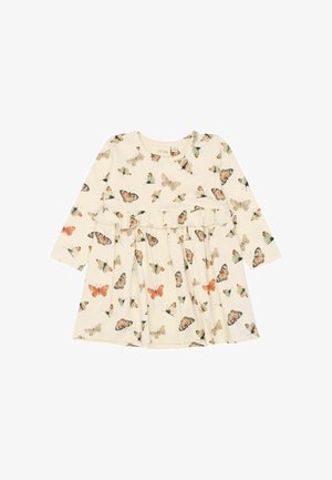 Kremasta haljina za bebe s dugim rukavima, s detaljima volančića i printom leptira u nijansama narančaste, bež i zelene boje.