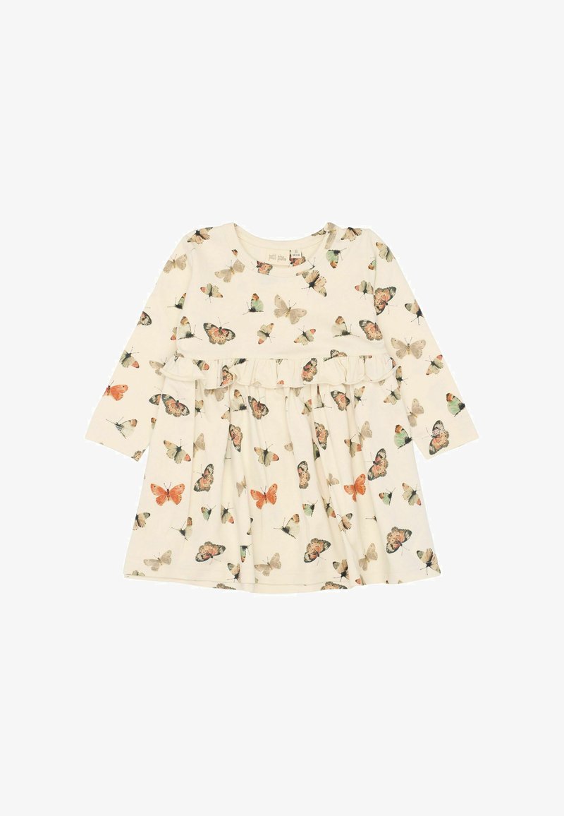 Robe pour bébé à manches longues couleur crème avec des volants et un imprimé de papillons dans des nuances d'orange, beige et vert.