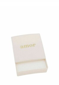 Rosa rektangulär presentask med en slät finish, prydd med ordet "amor" i guldtext på locket, och en mjuk vit insida.