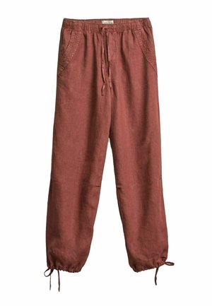 Roostevärvi linased püksid elastse vöökohaga, nöörisulgur vööl ja pahkluudel ning kahe eesmise taskuga.