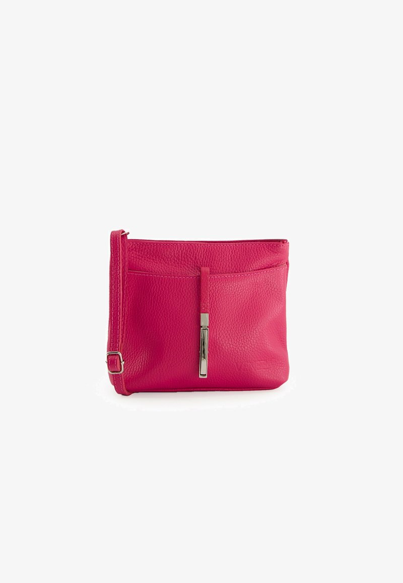 Pink leather crossbody bag with a textured surface, zip closure, and a front pocket featuring a silver-tone accent detail.