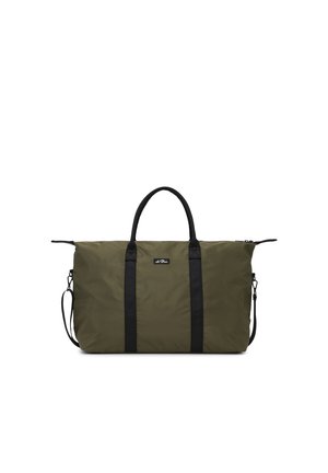 Bolsa de viaje rectangular de color verde oliva con asas negras, correa para el hombro y correas verticales en la parte delantera sobre fondo blanco.