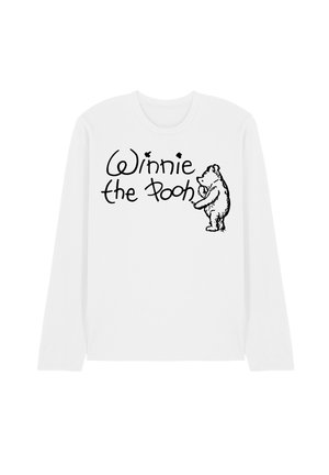 White long-sleeve shirt with black text "Winnie the Pooh" and a black line drawing of Winnie the Pooh bear standing and facing the text.