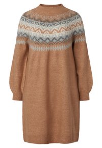 Robe-pull en tricot marron avec un col montant, présentant un motif fair isle en crème, gris et rouille sur la poitrine et des manches bouffantes.