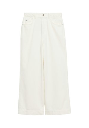 Weiße weite Hose mit hoher Taille, vorne Knopfverschluss, Reißverschluss, Gürtelschlaufen und Seitentaschen aus glattem Stoff.