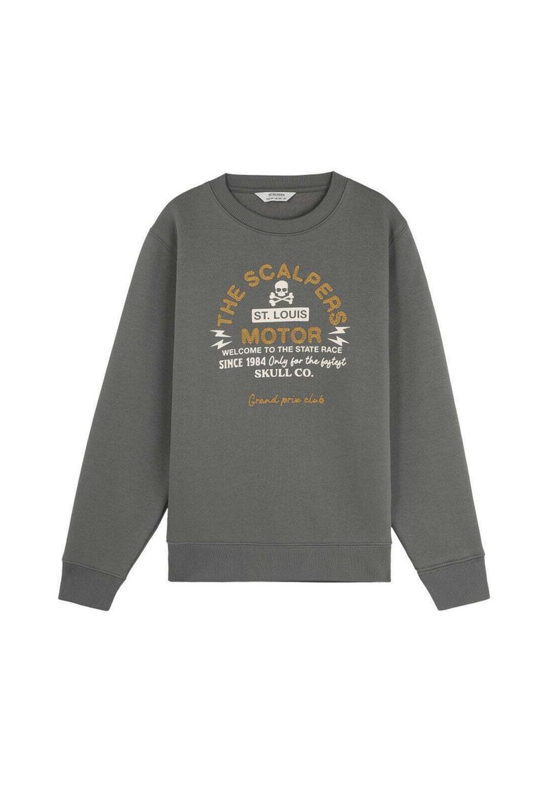 Sudadera de cuello redondo gris oscura con texto y un gráfico de calavera que dice "Los Scalpers St. Louis Motor Bienvenidos al Estado Carrera Desde 1984."