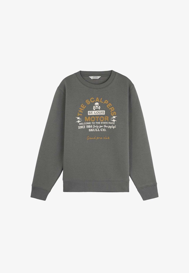 Donkergrijze crewneck sweatshirt met tekst en een schedelafbeelding met de tekst "The Scalpers St. Louis Motor Welkom in de Staat Race Sinds 1984."