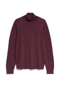 Burgunderfarbener Rollkragenpullover aus einem weichen Material, mit langen Ärmeln, einem gerippten Kragen und einem kleinen Logo auf der Brust.