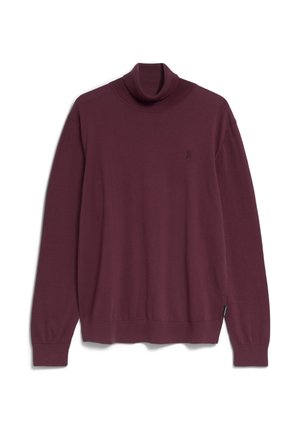 Burgunderfarbener Rollkragenpullover aus einem weichen Material, mit langen Ärmeln, einem gerippten Kragen und einem kleinen Logo auf der Brust.