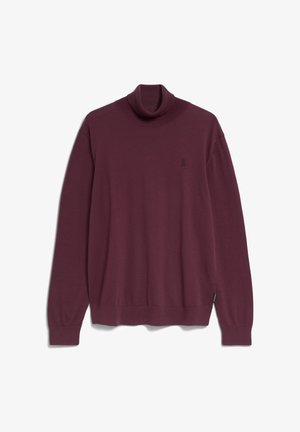 Bordeaux coltrui van een zacht materiaal, met lange mouwen, een ribbelkraag en een klein logo op de borst.