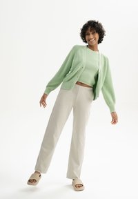 Hellgrüner Strickcardigan und passendes Oberteil, kombiniert mit beigen weit geschnittenen Hosen und hellbraunen Slippern. Angenehme Texturen, lässige Passform.