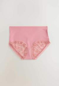 Roze katoenen hooggesneden onderbroek met een bloemenkantafwerking langs de zijkanten en een gladde tailleband. Zachte textuur met een aansluitend ontwerp.