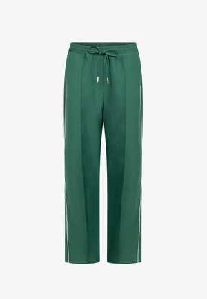 Grüne, weit geschnittene Hosen aus einem weichen Material. Mit einem elastischen Bund, Kordelzugverschluss und weißen Seitenstreifen.