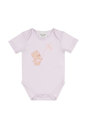 Body rose clair pour bébé avec un petit ours tenant un cerf-volant rose imprimé sur le devant, avec des boutons-pression en bas.