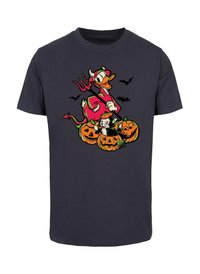 Schwarzes T-Shirt mit einem bunten Grafikdesign eines teuflischen Entens mit Kürbissen und Fledermäusen, das leuchtende Farben und einen cartoonhaften Stil betont.