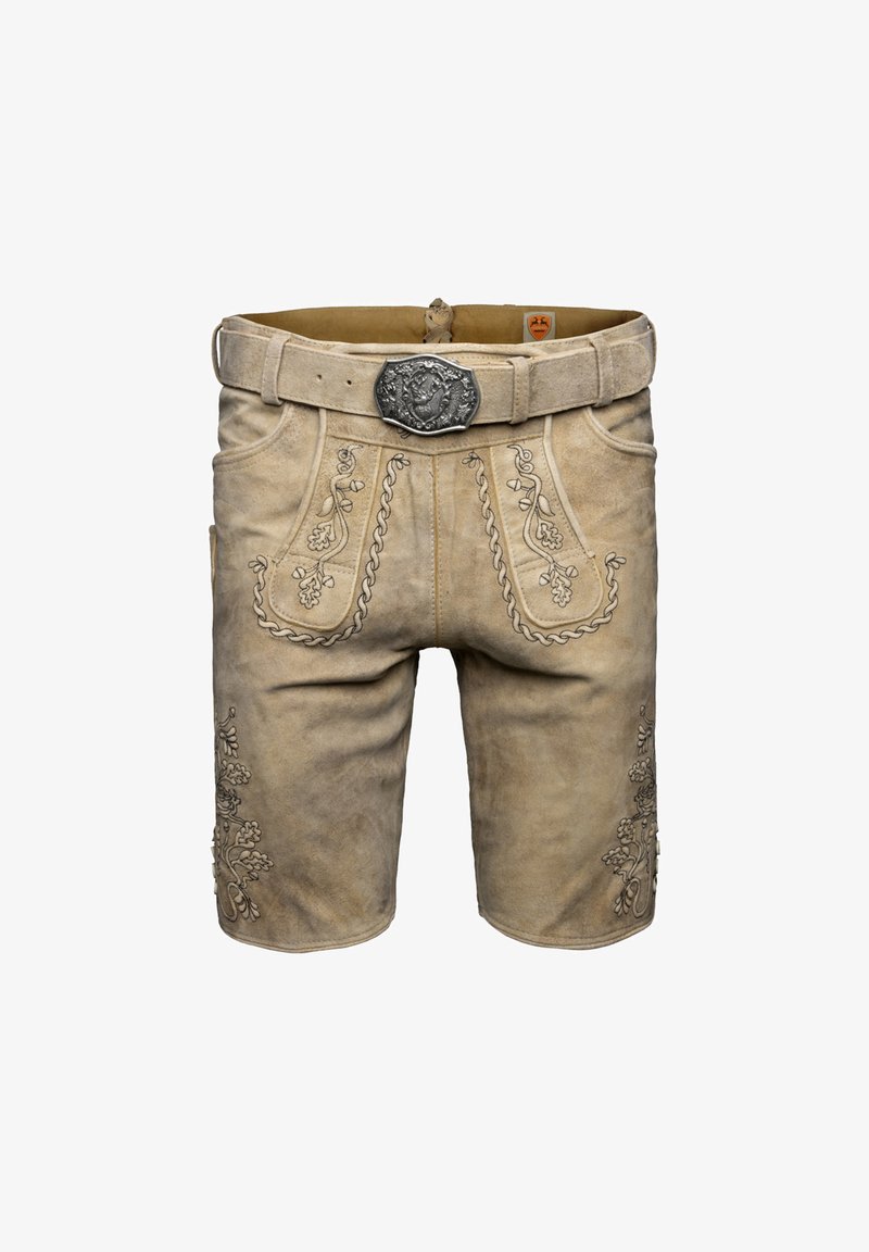 Kožené šortky v světle béžové barvě s vyšívanými květinovými vzory. Obsahují výraznou dekorativní sponu a poutka na opasek. Klasický střih, příležitostný styl.