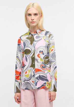 Camicia a maniche lunghe in tessuto leggero con un motivo floreale colorato a spirale in verde, rosa, arancione e blu. Colletto con bottoni.