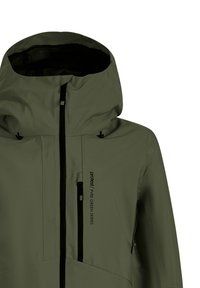 Groene hoodie-jas met ritssluiting aan de voorkant en borstzak, gelabeld "protest / PYRE GREEN SERIES," ontworpen voor buitengebruik.