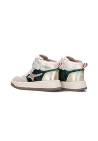 Hoge sneakers met een mix van groene fluweel, metallic zilver en roze accenten. Klittenbandsluitingen en een gestructureerde rubberen zool voor grip.