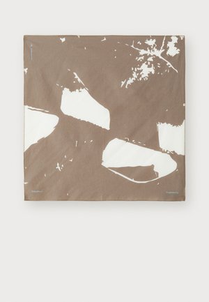 Brown scarf with white abstract pattern, featuring a soft, textured fabric. Includes small printed brand logos in the corners.