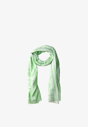 Vaaleanvihreä ja valkoinen kuviollinen huivi, jossa on hapsutetut reunat, löyhästi taiteltuna renkaaksi valkoisella taustalla.