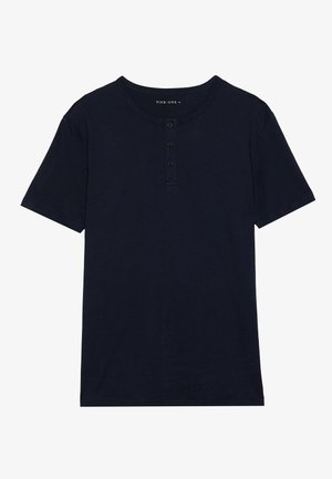 Navy blue short-sleeve t-shirt with a crew neck, featuring a three-button placket and smooth cotton fabric. Simple, solid design.
