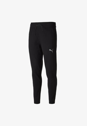 Schwarze Puma Slim-Fit-Jogginghose mit elastischem Bund, Kordelzug, seitlicher Reißverschlusstasche und Puma-Logo am Oberschenkel.