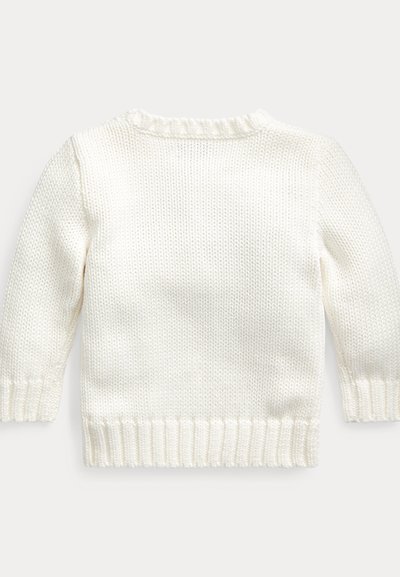 Pull blanc en maille à manches longues, avec col, poignets et bas côtelés, présenté à plat de dos sur un fond clair.