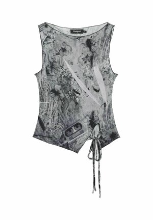 Top senza maniche con scollo rotondo, caratterizzato da un motivo astratto nero e grigio, una grafica di una musicassetta e un dettaglio a nodo all'orlo.