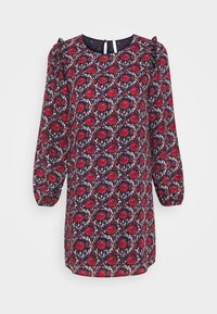 Abito navy a maniche lunghe con motivo floreale rosso, scollatura rotonda e spalle a palloncino, mostrato su uno sfondo bianco uniforme.