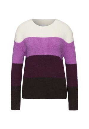 Sweter z okrągłym dekoltem, w poziome paski w kolorach kremowym, jasnofioletowym, ciemnofioletowym i czarnym. Miękka, fakturowana tkanina.