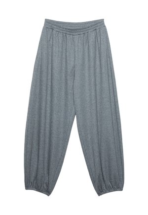 Sivé, ľahké látkové nohavice s vertikálnymi prúžkami, elastickým pásom a zúženými manžetami na členkoch. Voľný strih.