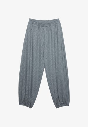 Sive, lagane hlače izrađene od tkanine s vertikalnim prugicama, elastičnim pojasom i naboranim manžetama na gležnjevima. Dizajn opuštenog kroja.