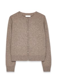 Brązowy sweter zapinany na guziki z okrągłym dekoltem, prążkowanymi mankietami i dołem. Miękka struktura i prosty design.