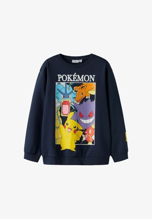 Sweat-shirt bleu marine avec les personnages colorés de Pokémon : Pikachu, Dracaufeu, Léviator, Ectoplasma et Magicarpe, avec le texte "POKÉMON" au-dessus.