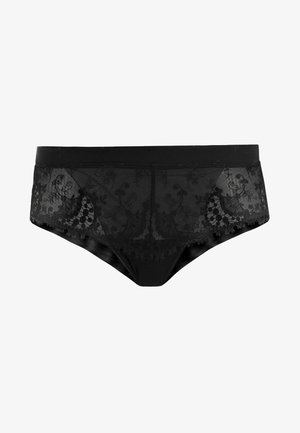 Calcinha preta com painel de renda transparente com padrões florais, cintura suave e um corte modesto. As bordas de renda texturizada adicionam detalhe.