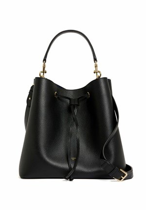 Black leather bucket bag with a textured surface, gold hardware accents, drawstring closure, and a detachable shoulder strap.