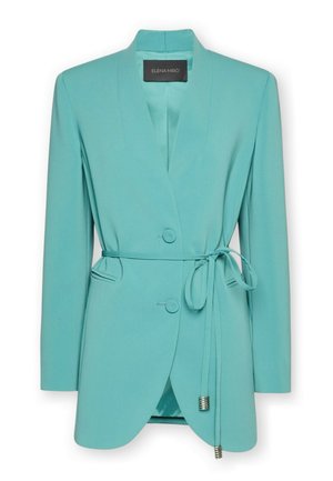 Minzgrüner Blazer mit langen Ärmeln, zwei vorderen Knöpfen, Taillengürtel mit silbernen Endkappen und gezacktem Saumdetail.