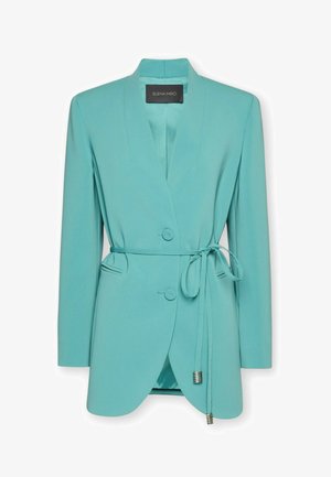 Mint green blazer with long sleeves, two front buttons, waist tie with silver end caps, and notched hem detailing.