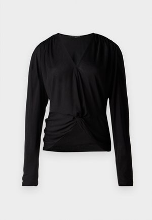 Schwarzes Langarmoberteil mit V-Ausschnitt, gerafften Schultern und einem Knoten-Detail vorne; aus einem glatten, leichten Stoff gefertigt.