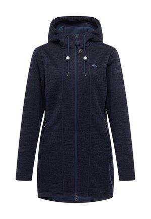 Dunkelblaue Kapuzenjacke mit langen Ärmeln, Frontreißverschluss, Kordelzug an der Kapuze, Reißverschlusstaschen an den Seiten und kleinem Regenschirm-Logo auf der Brust.