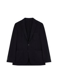 Blazer azul marino oscuro con un tejido texturizado, solapas en pico y un solo bolsillo en el pecho. Dos grandes bolsillos frontales y puños abotonados.