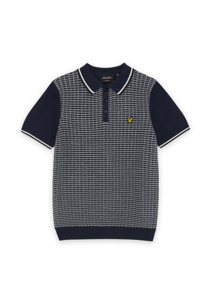 Polo à manches courtes bleu marine avec motif quadrillé blanc à l'avant, manches unies, patte de boutonnage et petit logo d'aigle jaune sur la poitrine.