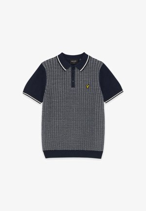 Marineblå kortærmet polo med hvidt ternmønster foran, ensfarvede ærmer, knaplukning og lille gul ørnlogo på brystet.